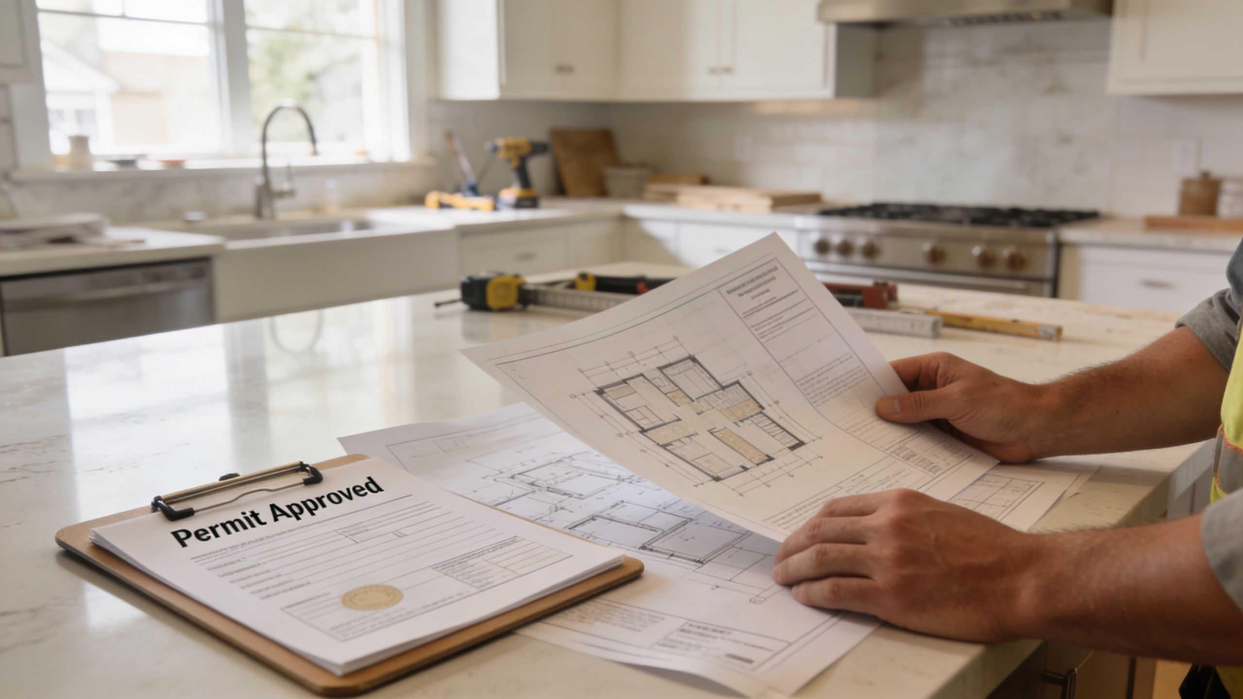 A contractor examines building plans for a kitchen remodel with an approved permit on the counter.