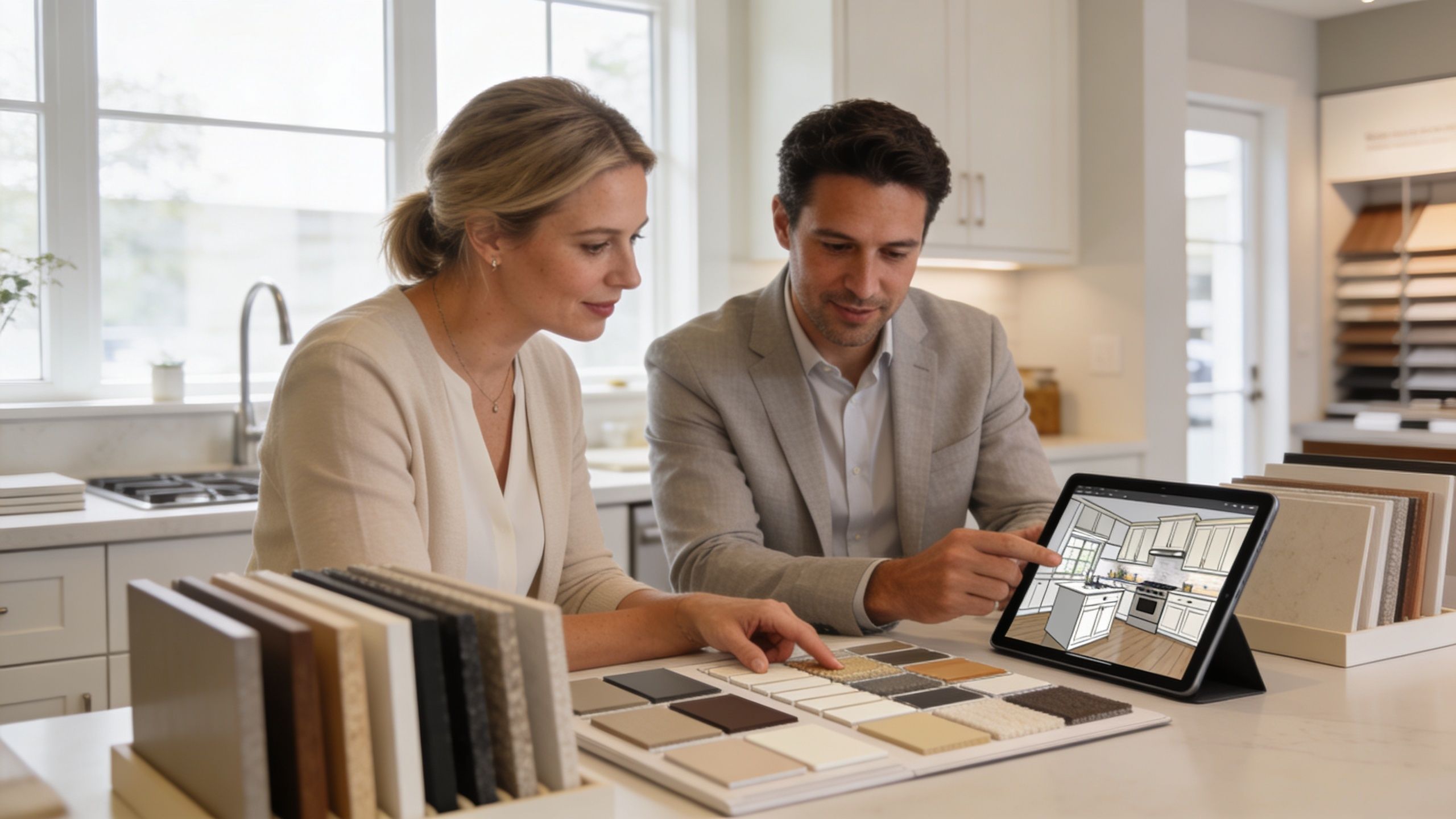 A professional kitchen designer showing a couple kitchen renovation samples and digital plans on a tablet.
