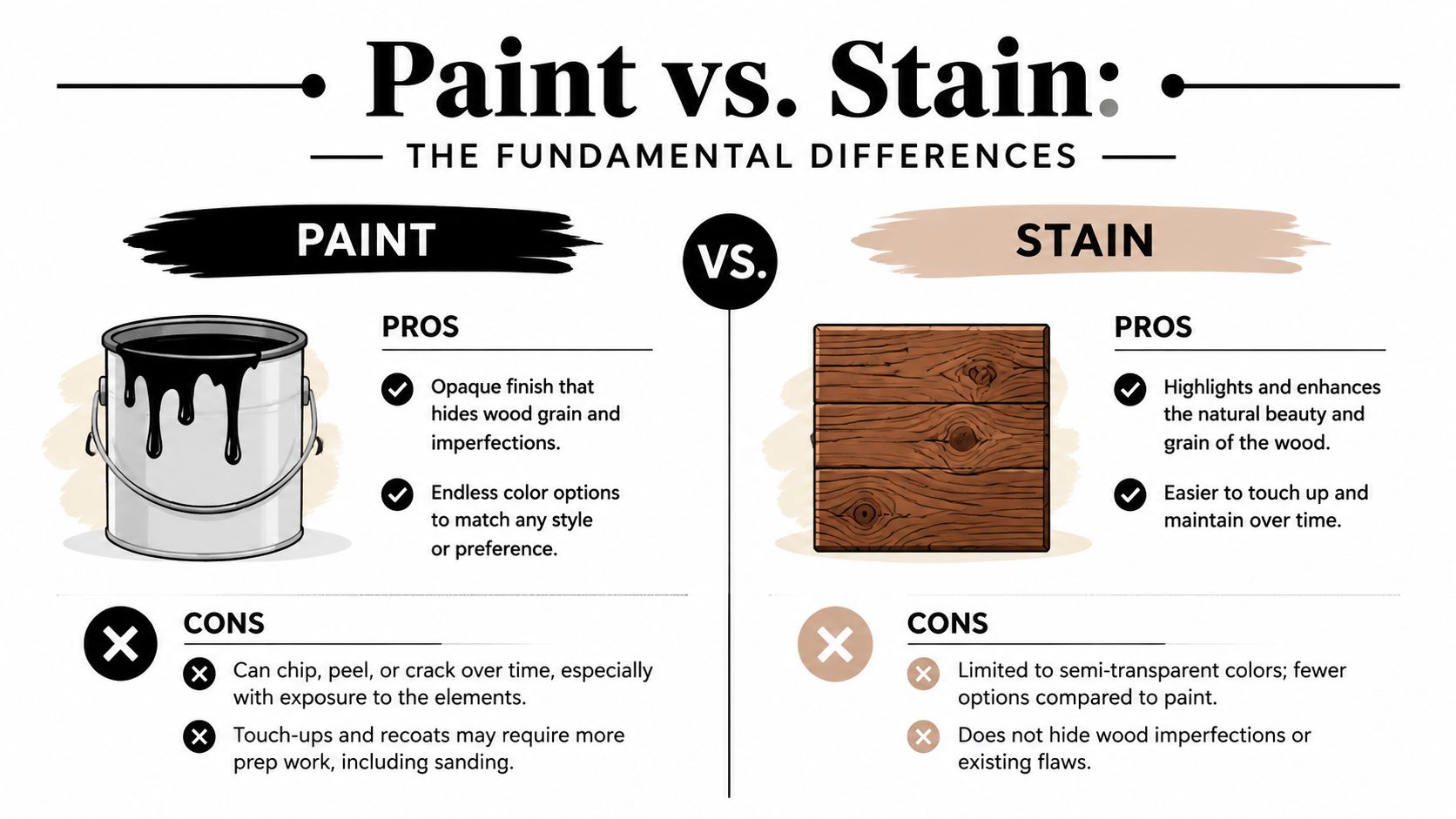 An infographic showing the comparative pros and cons of using paint versus wood stain for surfaces.