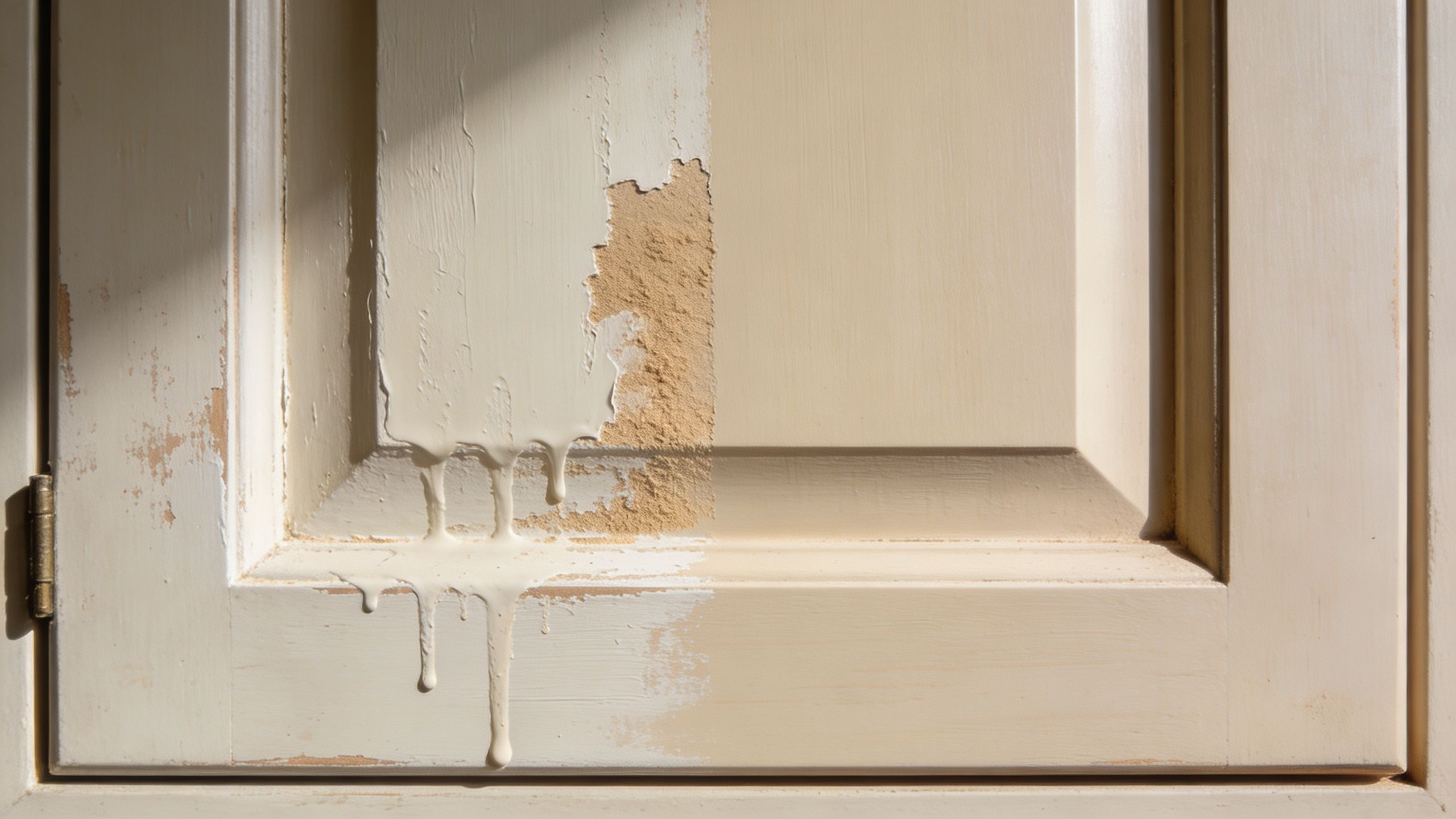 A wooden cabinet door showing an unfinished paint job with drips and exposed sanded wood grain.