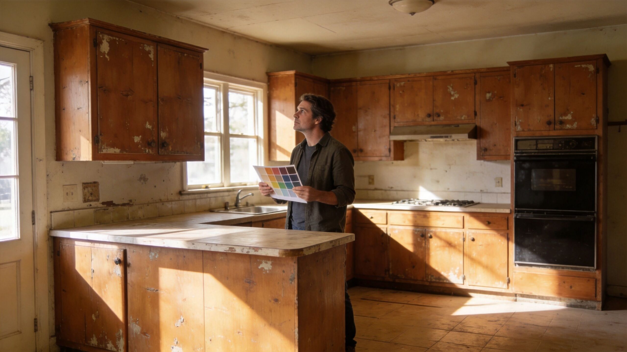 A man holding a color swatch palette while standing in a rustic kitchen with worn wooden cabinets.
