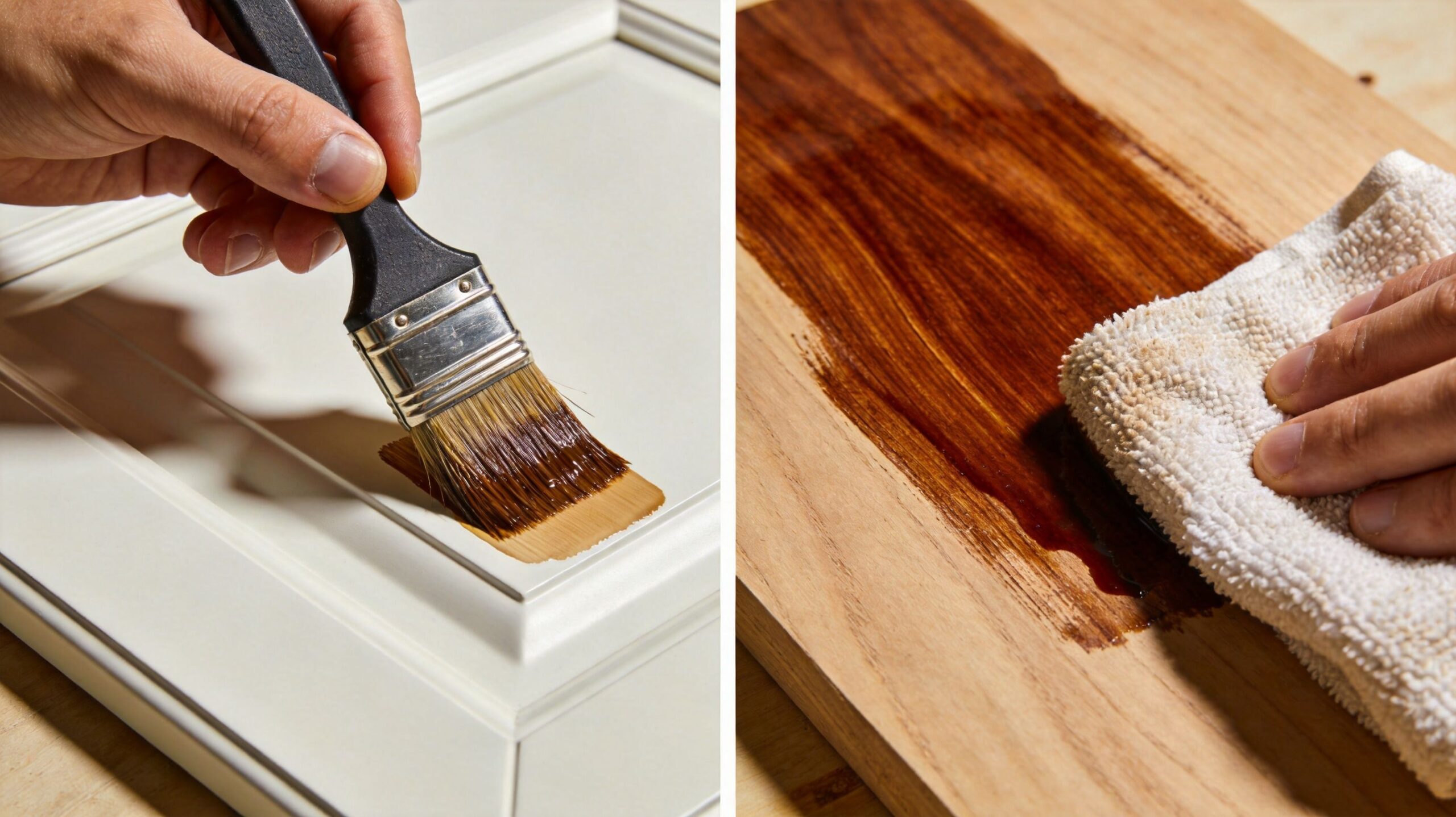 A split screen showing a person painting a cabinet door and someone staining raw wood with a cloth.