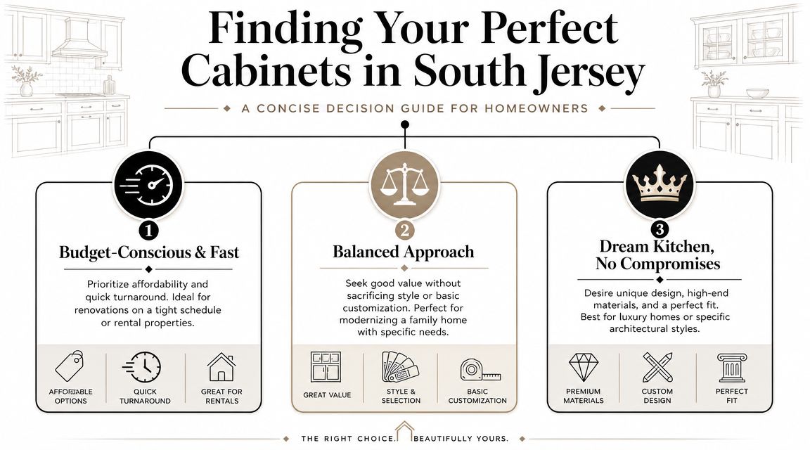 A decision guide for choosing kitchen cabinets in South Jersey, categorized by budget, balance, and custom needs.