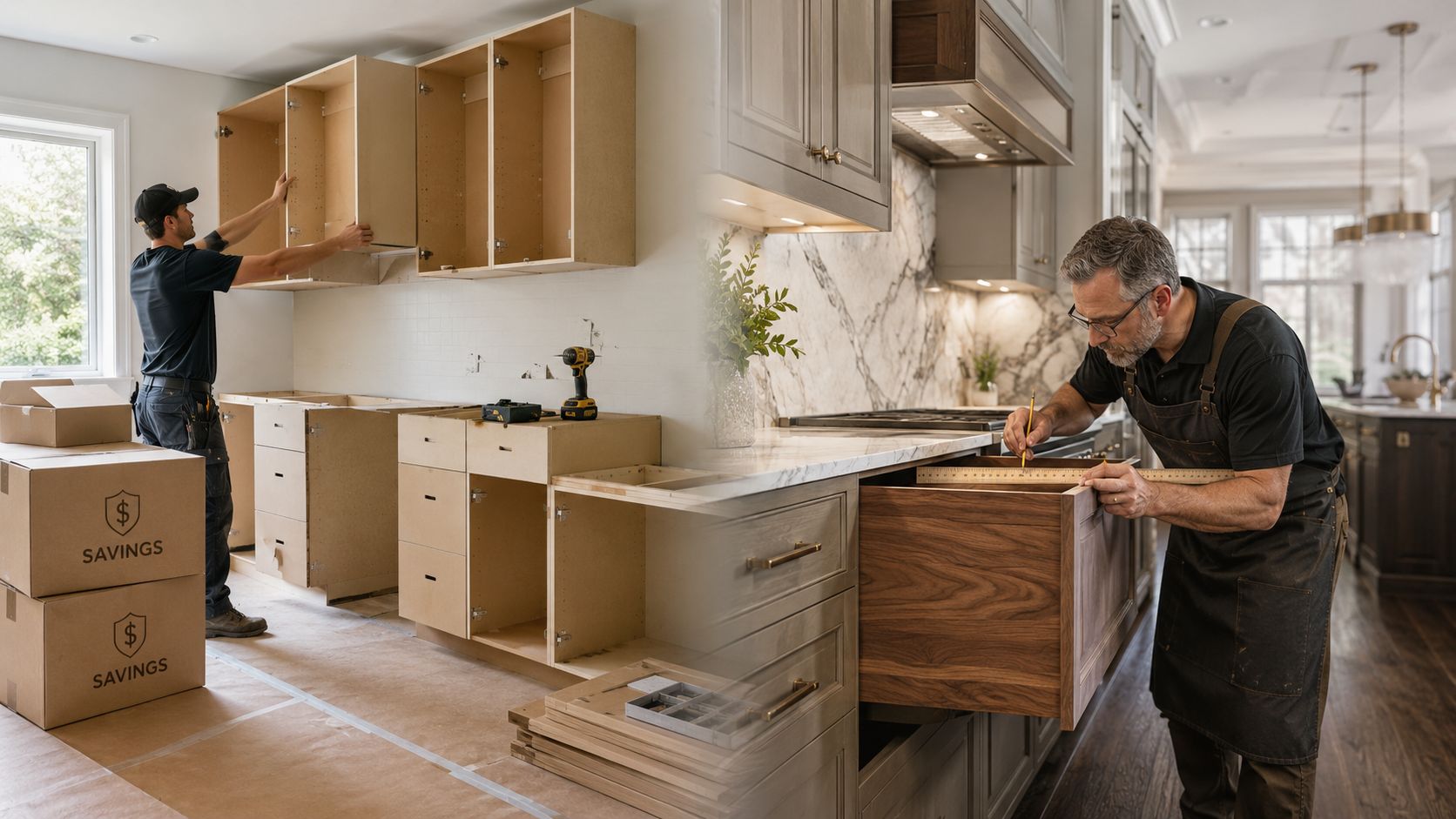 A split-screen comparison showing a contractor installing unfinished prefab cabinets and a professional carpenter measuring custom cabinetry.