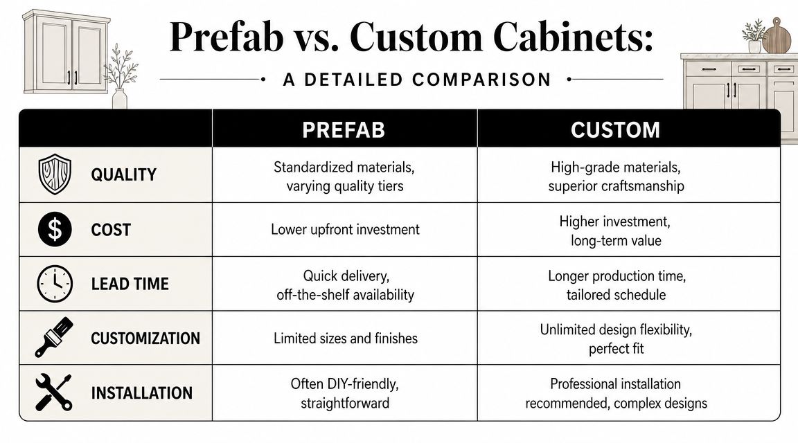 A comparison chart outlining the key differences between prefab and custom kitchen cabinets regarding quality, cost, and installation.