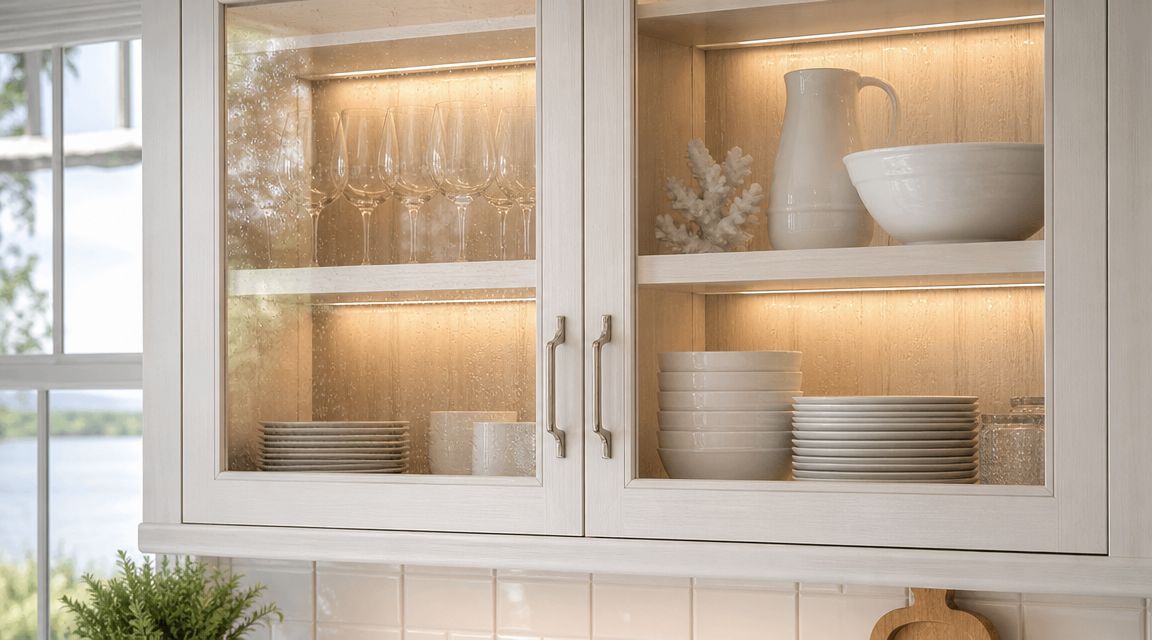 Elegant white glass kitchen cabinet doors featuring interior display lighting and neatly stacked dinnerware sets