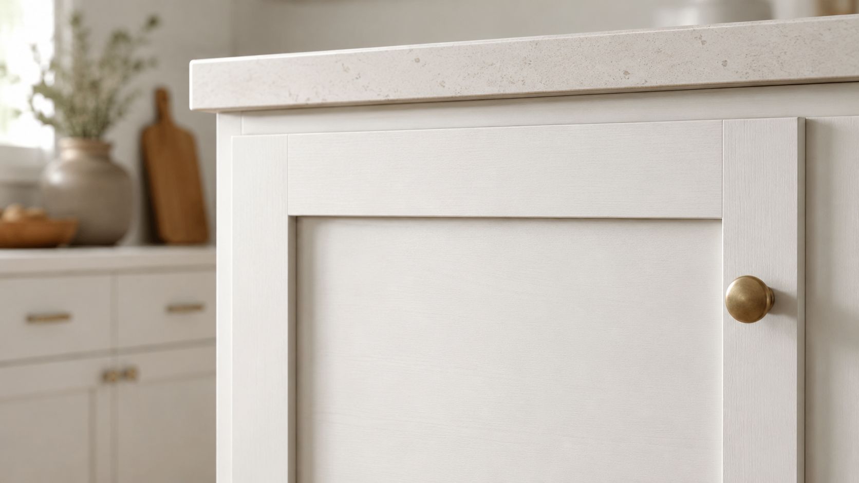 A close-up of a white shaker style kitchen cupboard door with a brass knob handle.