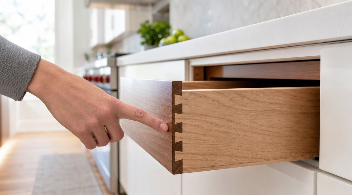 A close-up view of a person pointing to the dovetail joint on a wooden kitchen drawer.