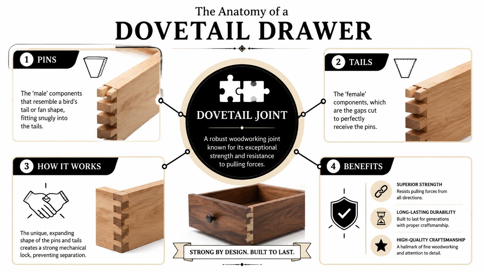An infographic titled The Anatomy of a Dovetail Drawer illustrating the parts and benefits of dovetail joints.