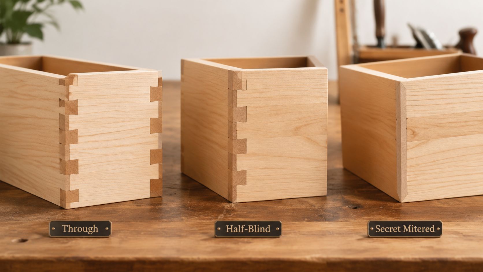 Three wooden drawer boxes showing through, half-blind, and secret mitered dovetail joints on a workbench.