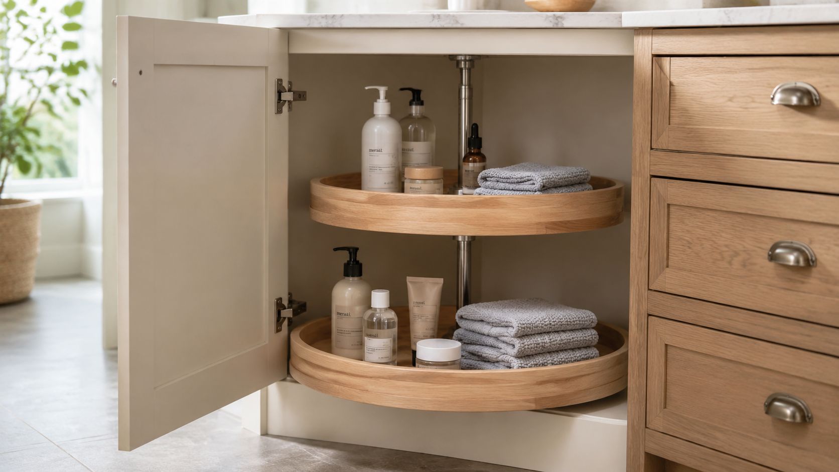 A wooden open corner bathroom cabinet with rotating circular shelves holding toiletries and folded gray towels.