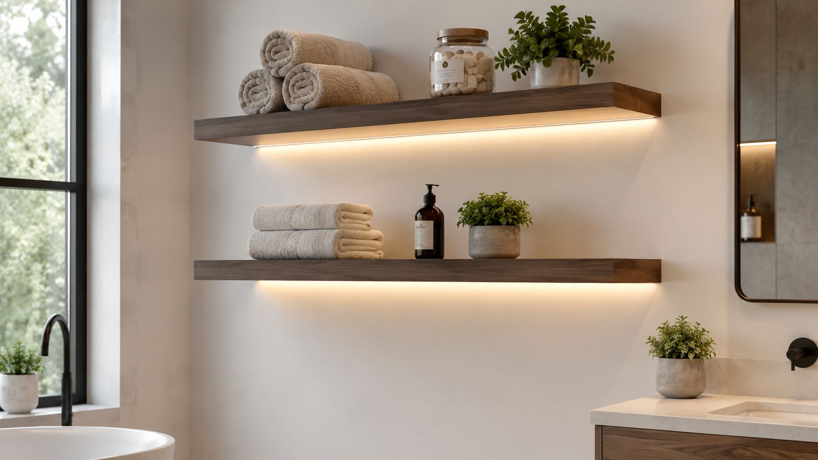 Modern bathroom wooden shelves with integrated lighting, towels, and decorative plants on a light wall.
