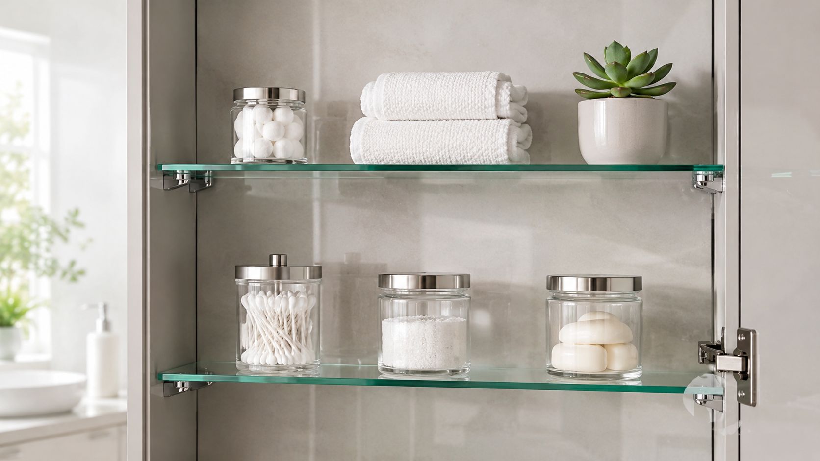 A modern bathroom medicine cabinet features two glass shelves organized with white towels, cotton balls, and toiletries.