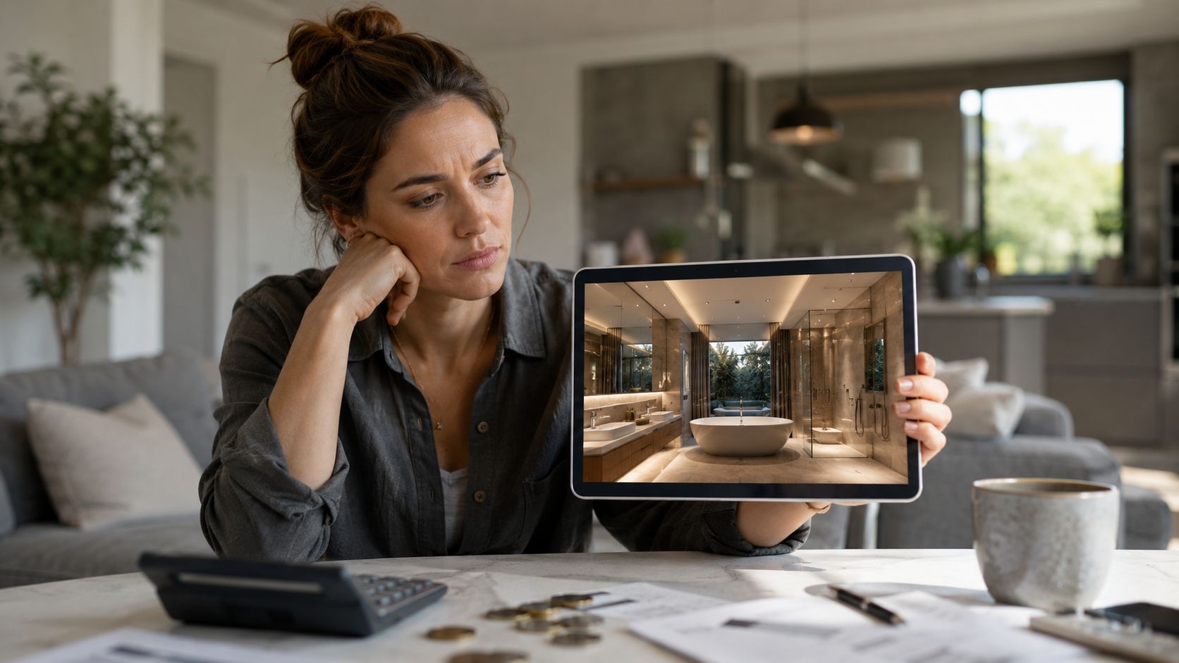 A woman looks concerned while holding a tablet showing a luxury bathroom design during renovation planning.