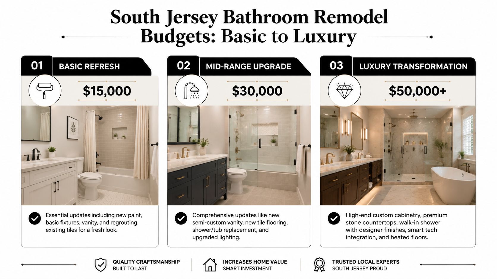 A visual breakdown comparing bathroom remodel costs for basic, mid-range, and luxury projects in South Jersey.