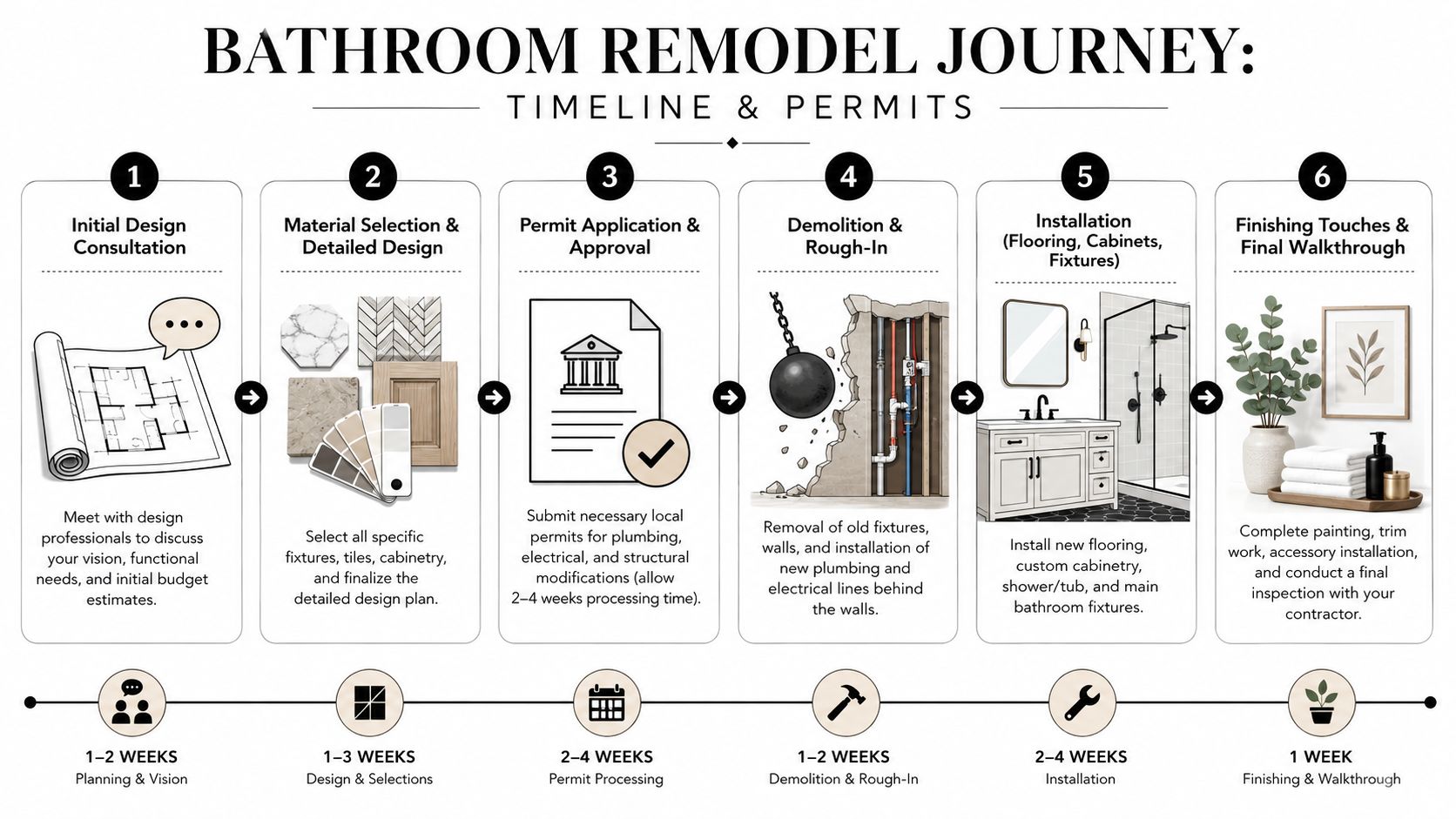 A six-step infographic detailing the timeline and process stages for a successful bathroom remodeling project.