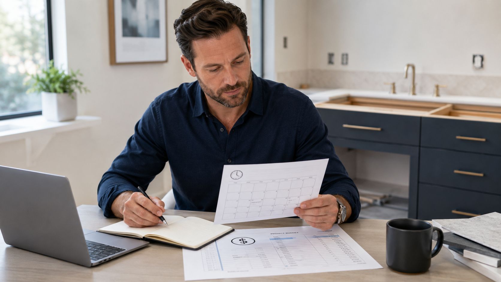 A professional man planning a bathroom vanity renovation by reviewing budget spreadsheets and a project schedule.