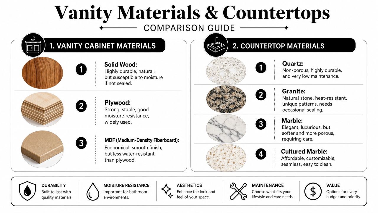 A comparison guide for bathroom vanity cabinet materials and countertop types for home renovation planning.