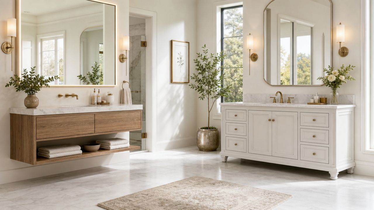 A luxurious bathroom featuring a floating wooden vanity and a traditional white vanity with marble countertops.