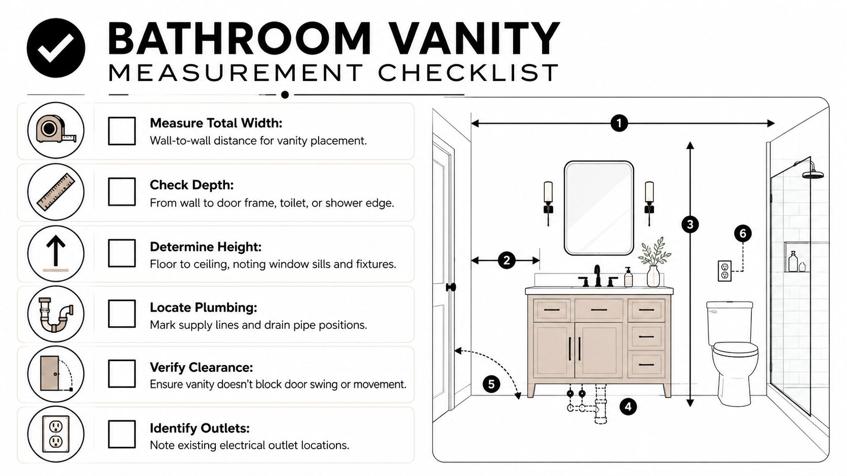 A checklist diagram illustrating how to properly measure a bathroom vanity for accurate installation and planning.