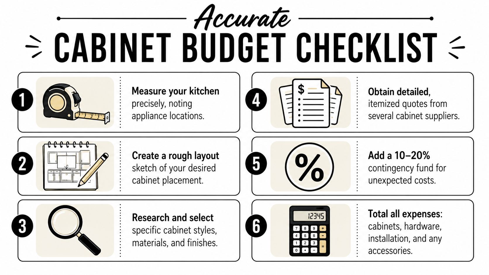 A six-step cabinet budget checklist infographic with icons for planning kitchen cabinet costs and renovation expenses.