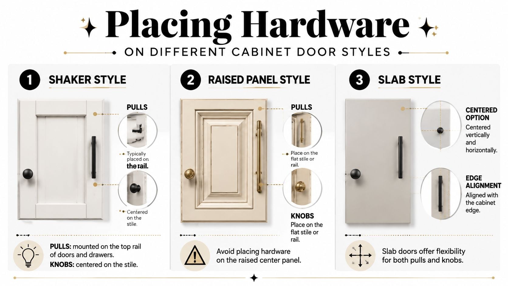 An infographic showing guidelines for placing cabinet pulls and knobs on shaker, raised panel, and slab door styles.