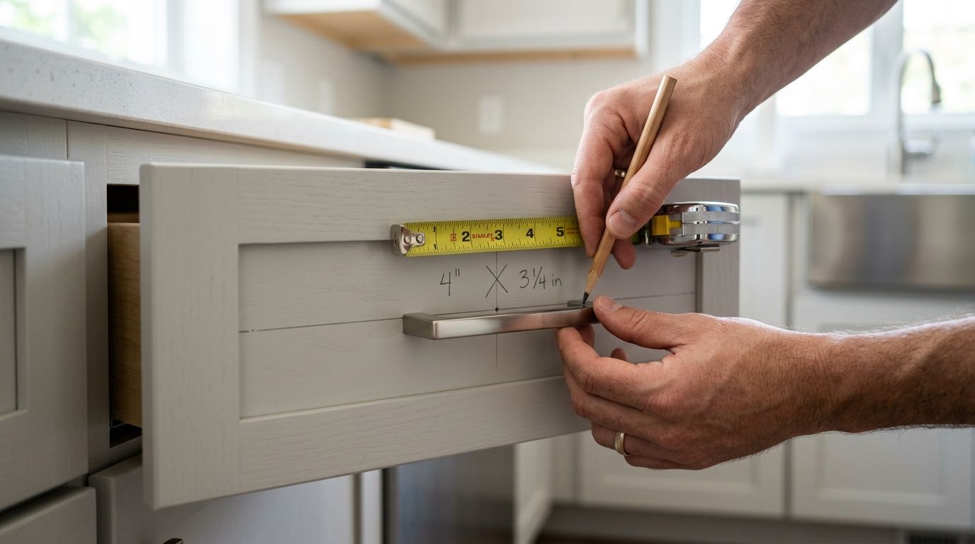 A person carefully marking a kitchen cabinet drawer for hardware installation with a pencil and measuring tape.