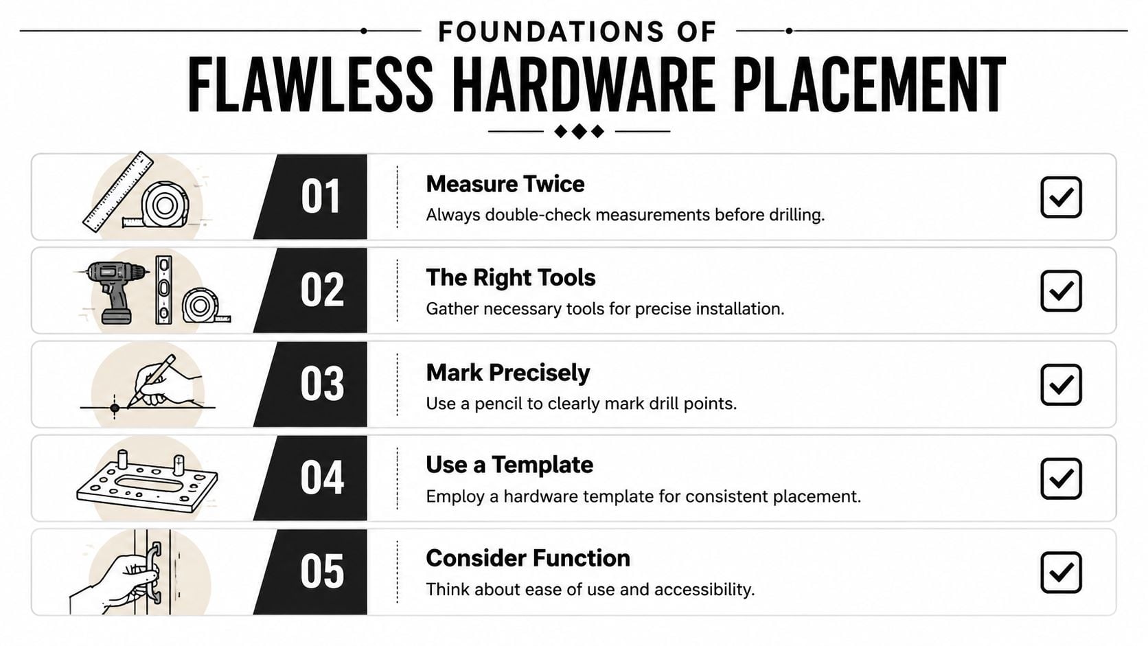 A guide illustrating five essential steps for accurate cabinet hardware installation, including measuring, tools, marking, and templates.