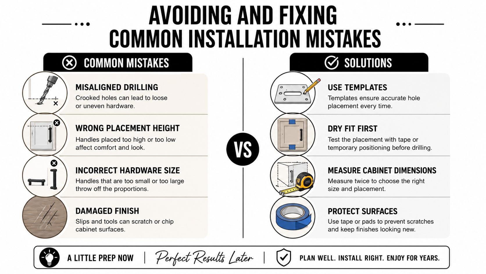 An infographic showing common mistakes to avoid and helpful solutions for installing cabinet hardware successfully.