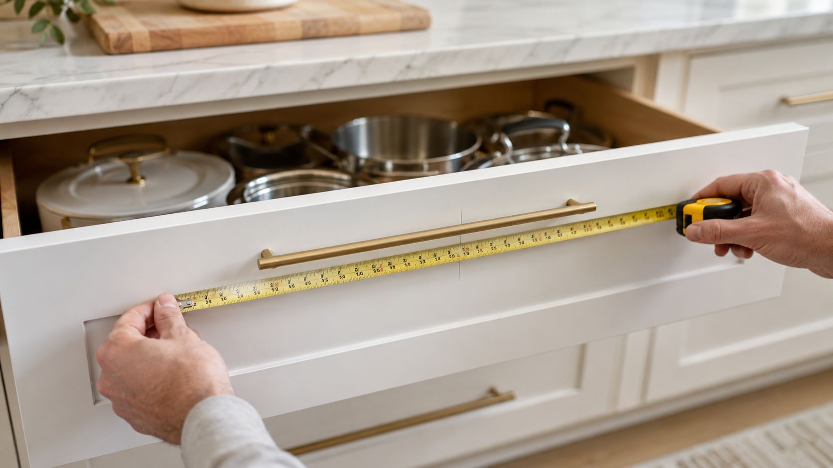 A person using a tape measure to mark the center of a kitchen drawer cabinet handle.