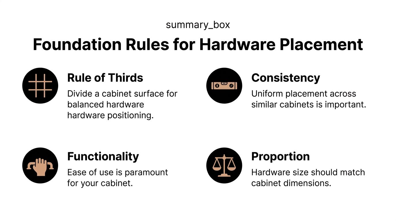 An infographic titled Foundation Rules for Hardware Placement outlining guidelines like rule of thirds, consistency, functionality, and proportion.