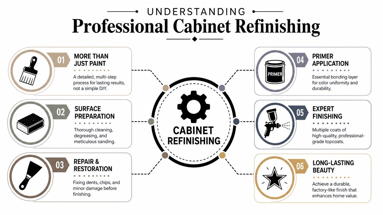 An infographic showing the six steps of professional cabinet refinishing, from preparation to final long-lasting beauty.