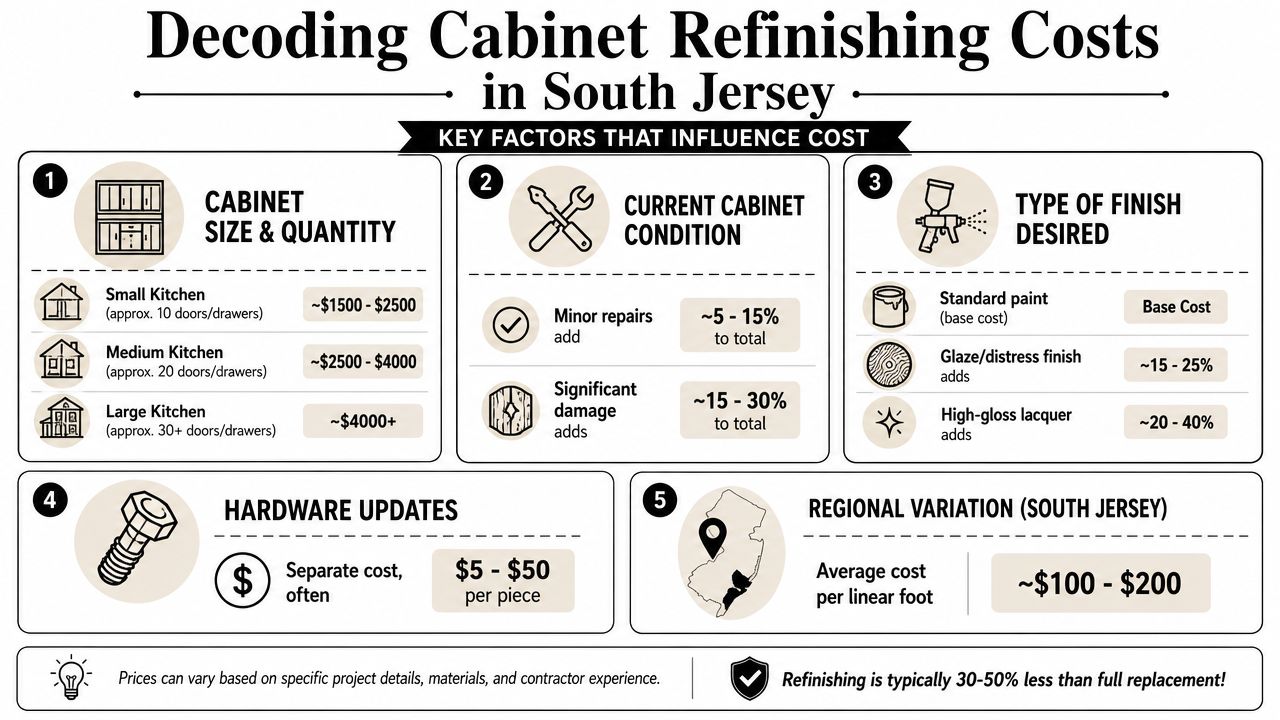 An infographic titled Decoding Cabinet Refinishing Costs in South Jersey showing five key pricing factors.