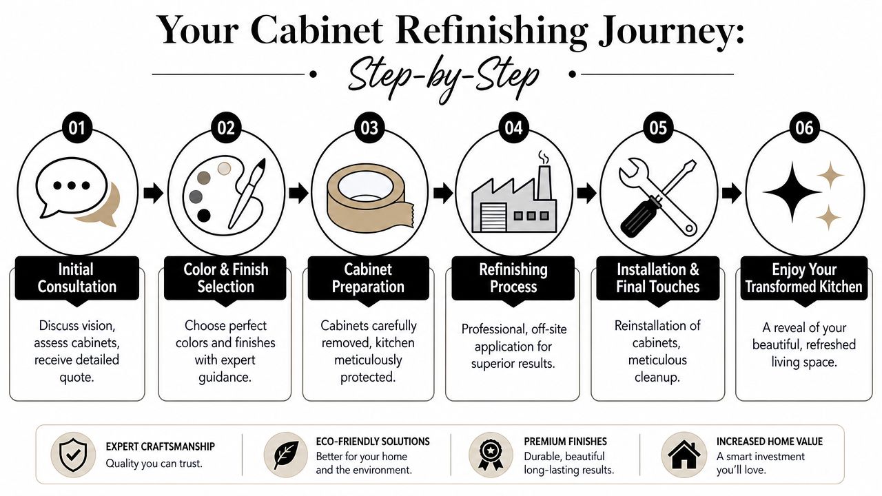 A six-step infographic detailing the professional cabinet refinishing process from initial consultation to final kitchen reveal.