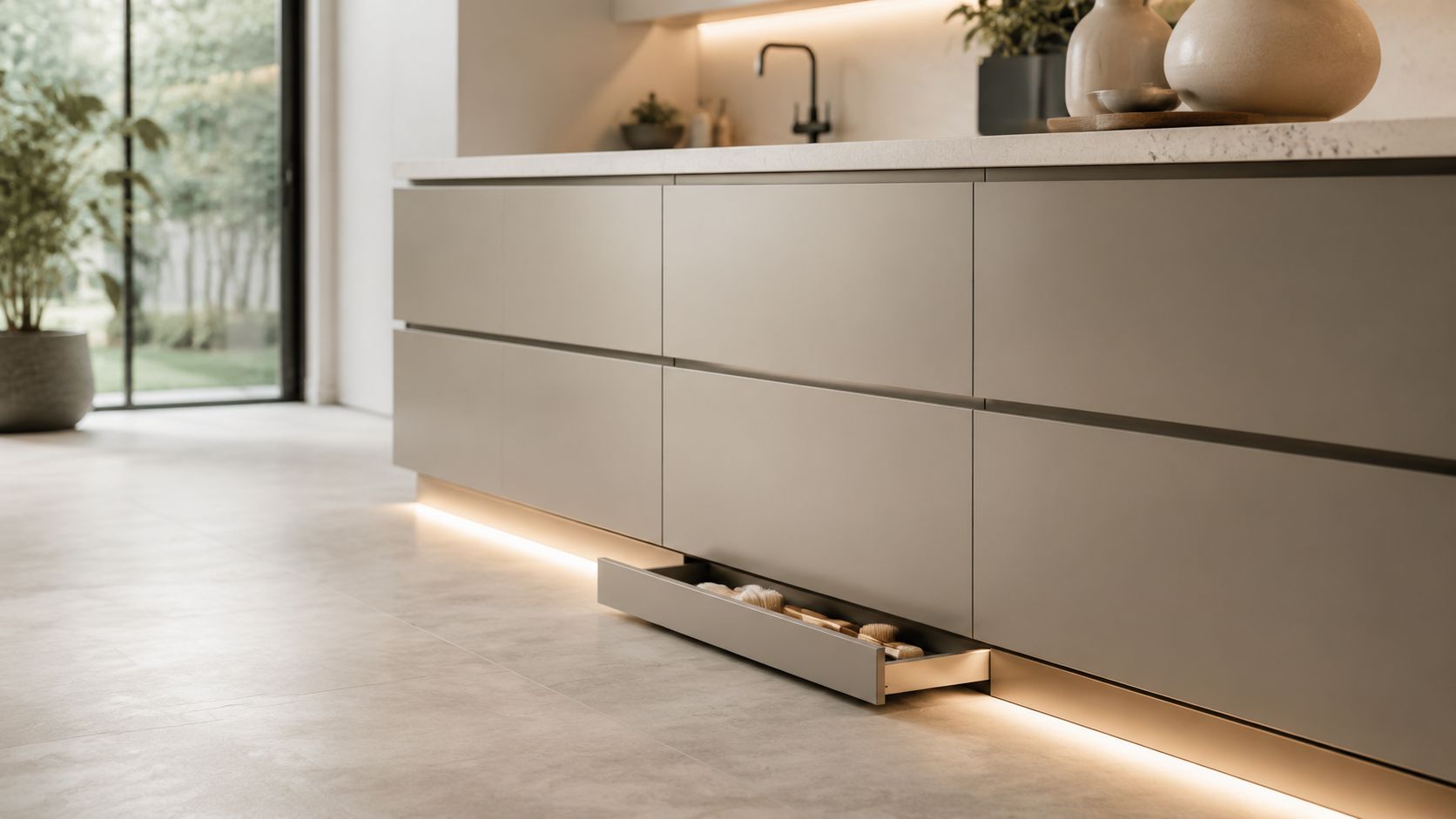 A modern kitchen island features a sleek toe kick drawer illuminated by ambient under-cabinet LED strip lighting.