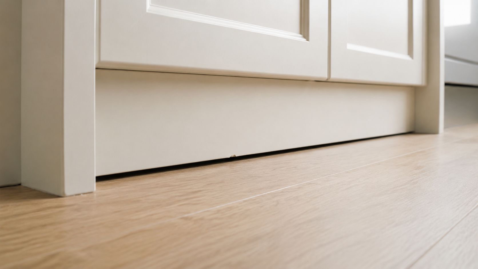 A close-up view of a cream-colored kitchen cabinet toe kick installed above light-colored oak wood flooring.