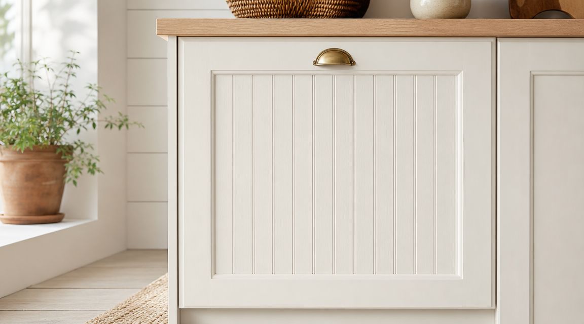 A close-up of a white beadboard cabinet door featuring a brass cup pull handle in a bright kitchen.
