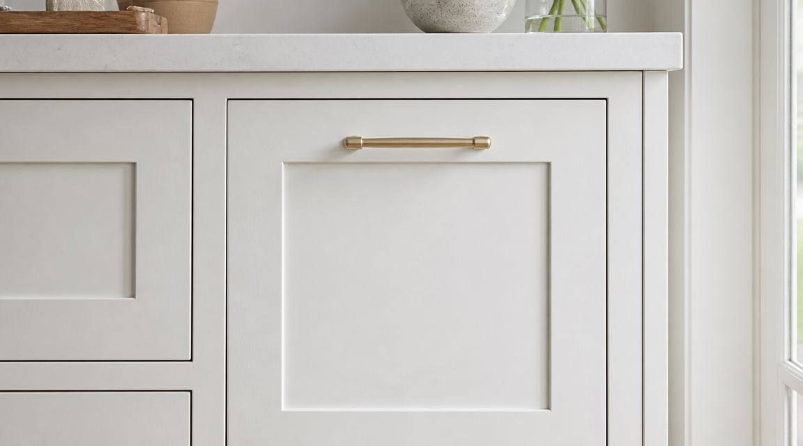 A close-up view of a modern white shaker style kitchen cabinet with a brass handle.