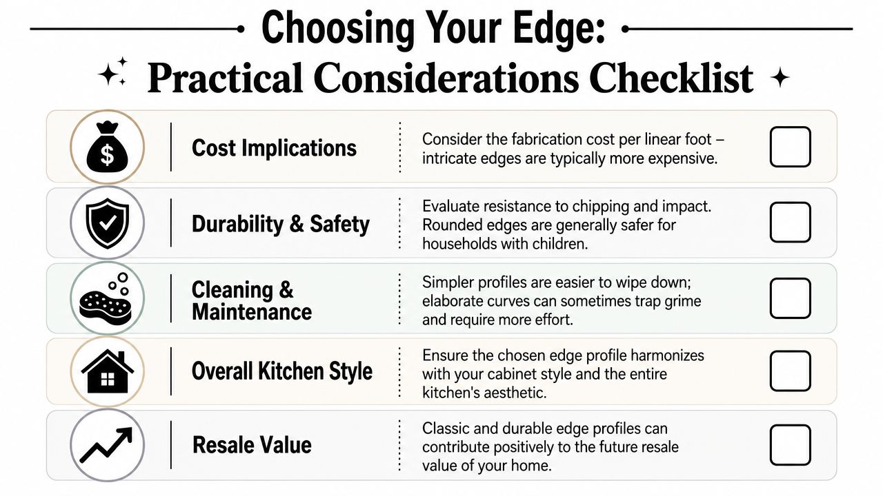 A checklist infographic outlining five practical considerations for choosing kitchen countertop edge profiles and styles.
