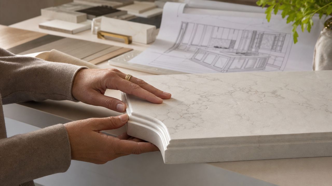 A designer's hands touch a stone countertop sample with a decorative edge profile on a table.