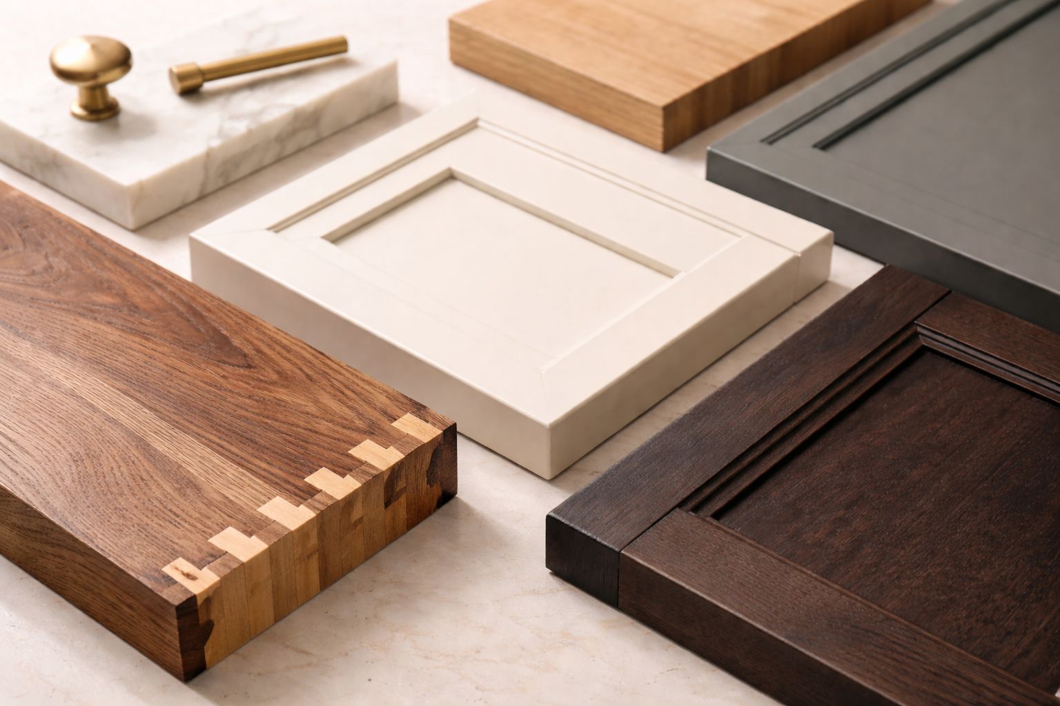 A curated collection of wood and painted cabinet door samples with brass hardware on a marble surface.