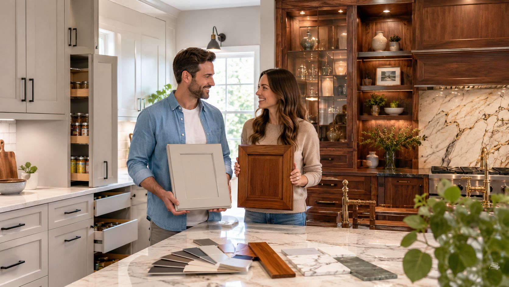 A couple holds cabinet door samples while standing in a luxury kitchen, comparing wood and painted finishes.