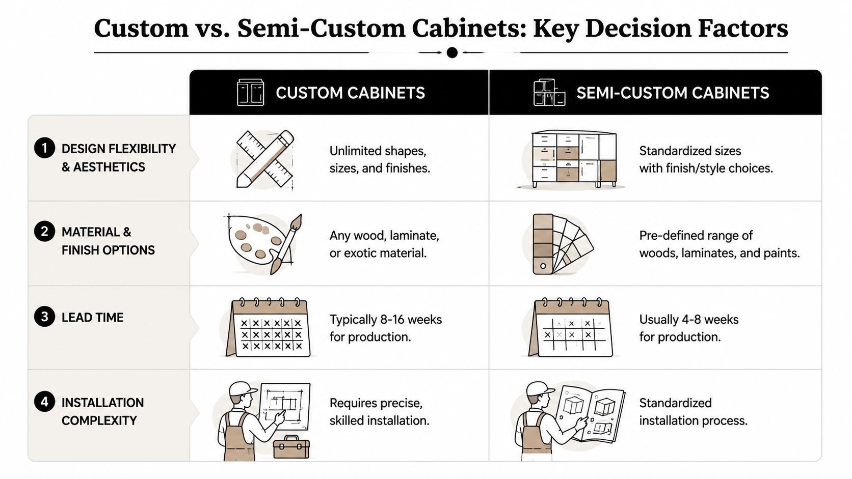 A comparison chart outlining key differences between custom cabinets and semi-custom cabinets in home design.