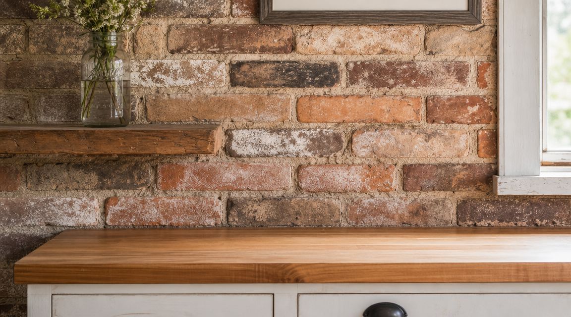 A rustic kitchen setup with a brick wall, wooden countertop, and a vase with flowers on a shelf.