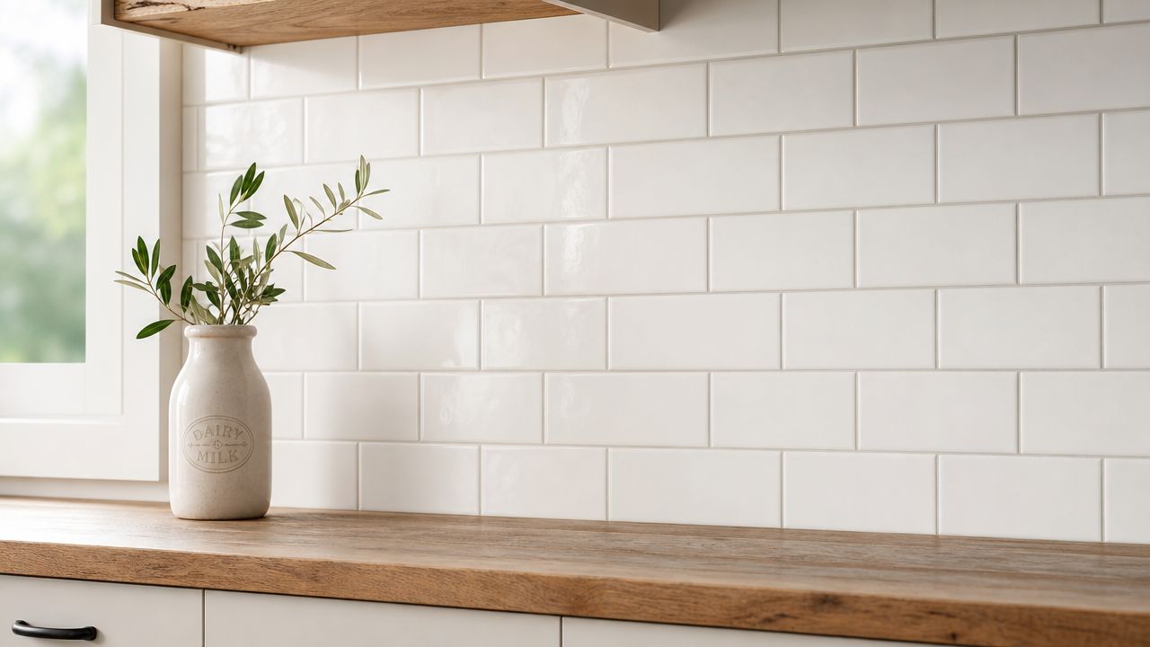 A rustic kitchen counter with a ceramic dairy milk pitcher and an olive branch against white tiles.