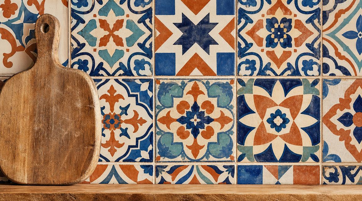 A wooden cutting board sits in front of a colorful, patterned Mediterranean-style tile backsplash on a kitchen counter.