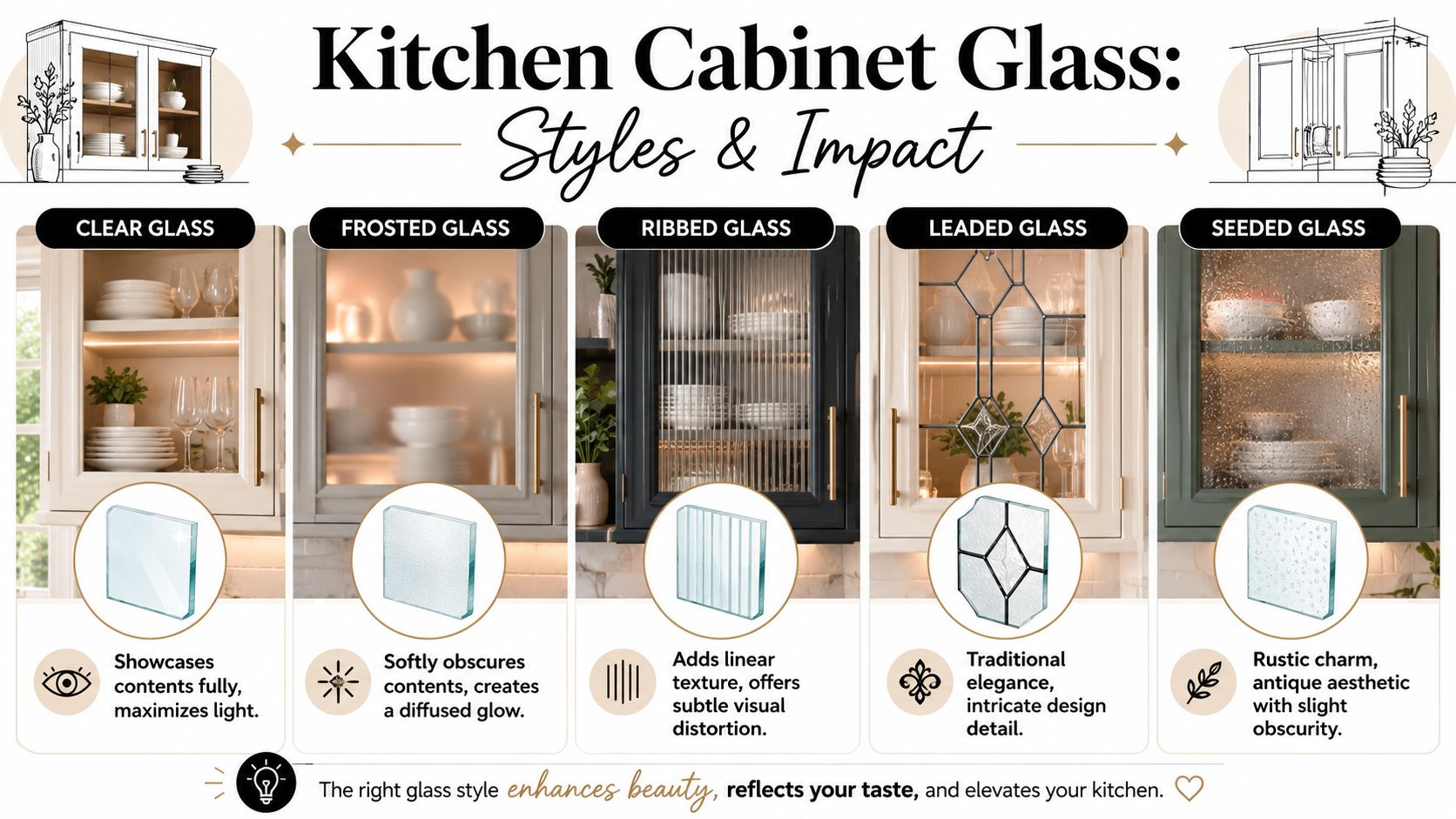 A visual guide comparing five different kitchen cabinet glass styles including clear, frosted, ribbed, leaded, and seeded.
