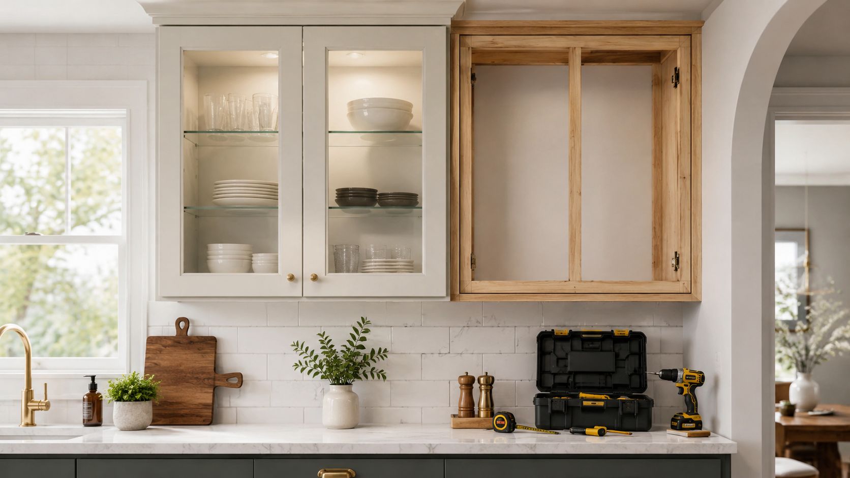 A kitchen wall cabinet with glass doors beside an unfinished wooden cabinet frame on a white wall.