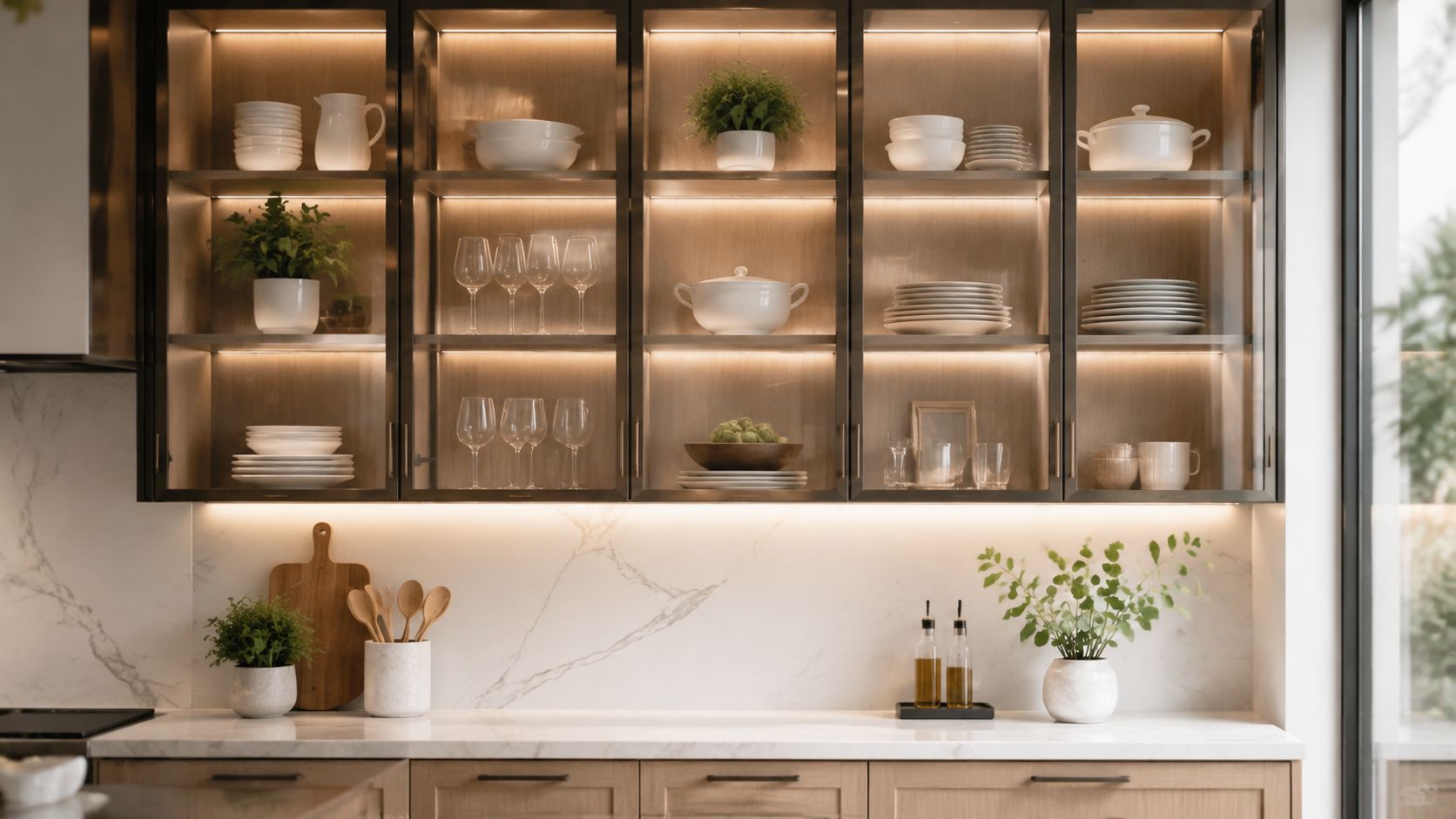 A luxurious modern kitchen featuring glass-front cabinets with built-in ambient lighting and elegant marble countertops.