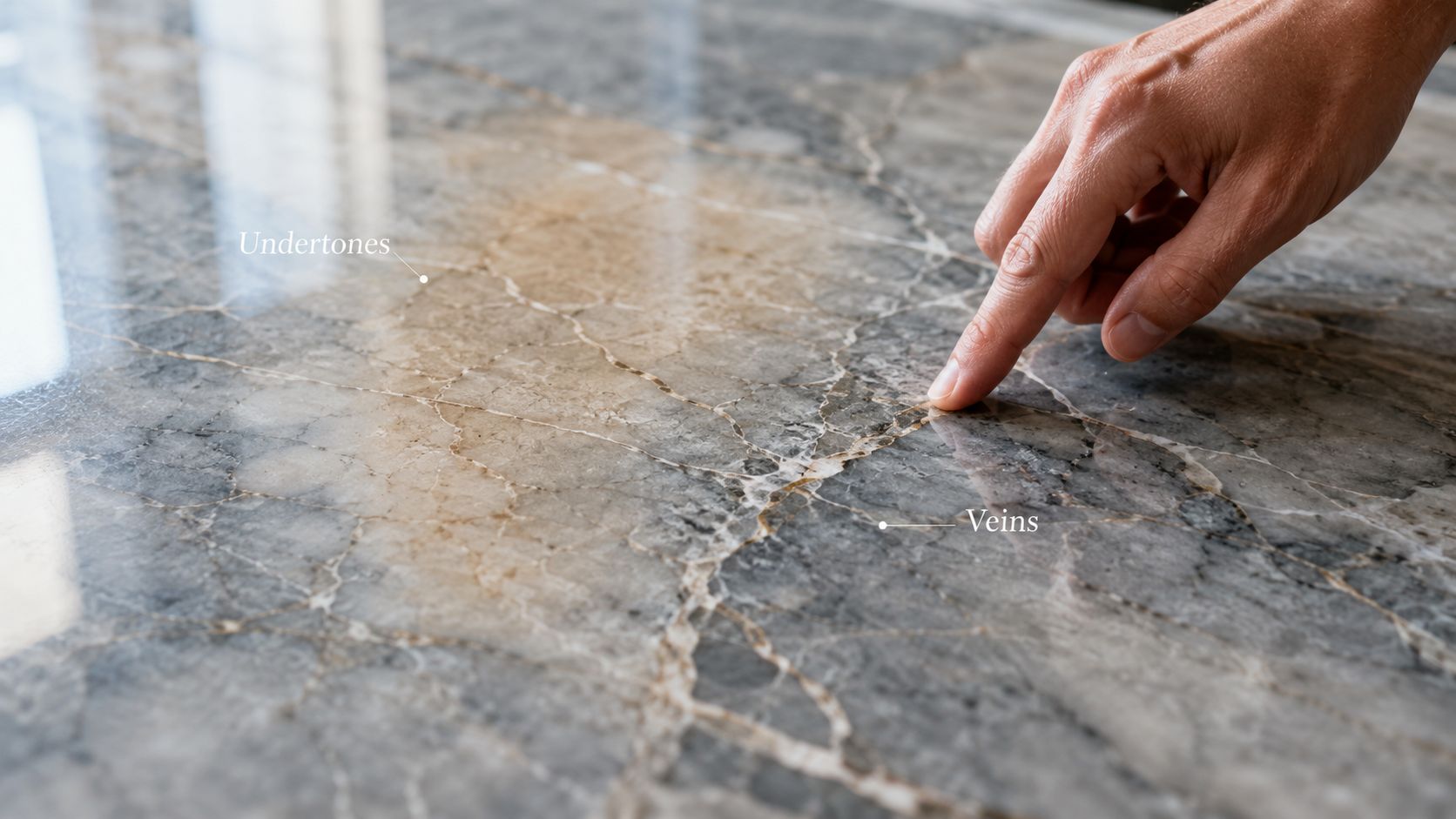 A close-up view of a person pointing at the intricate veining and warm undertones of polished grey granite.